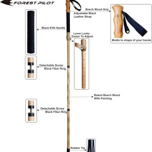 Trekking Poles- 1-pc Pack – Adjustable Hiking or Walking Stick –Strong, Natural Beech Wood – Quick Adjust Flip-Lock – Beech Wood Grip, Leather Strap